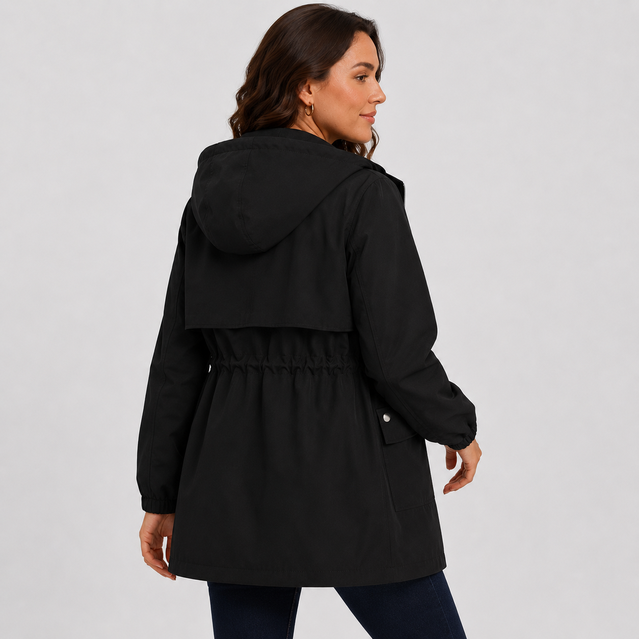 Montviro | Women's Hooded Trench Coat - Drawstring Waist Knee Length