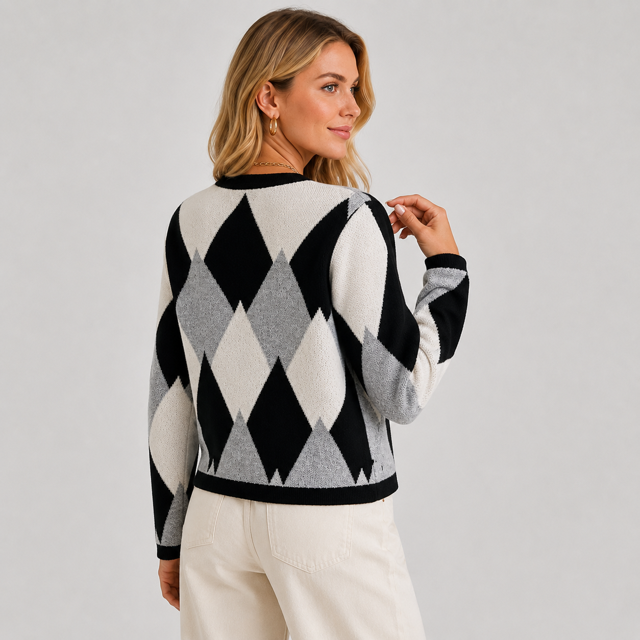 Montviro | Women's Argyle Cardigan - Crew Neck Fall Winter Sweater