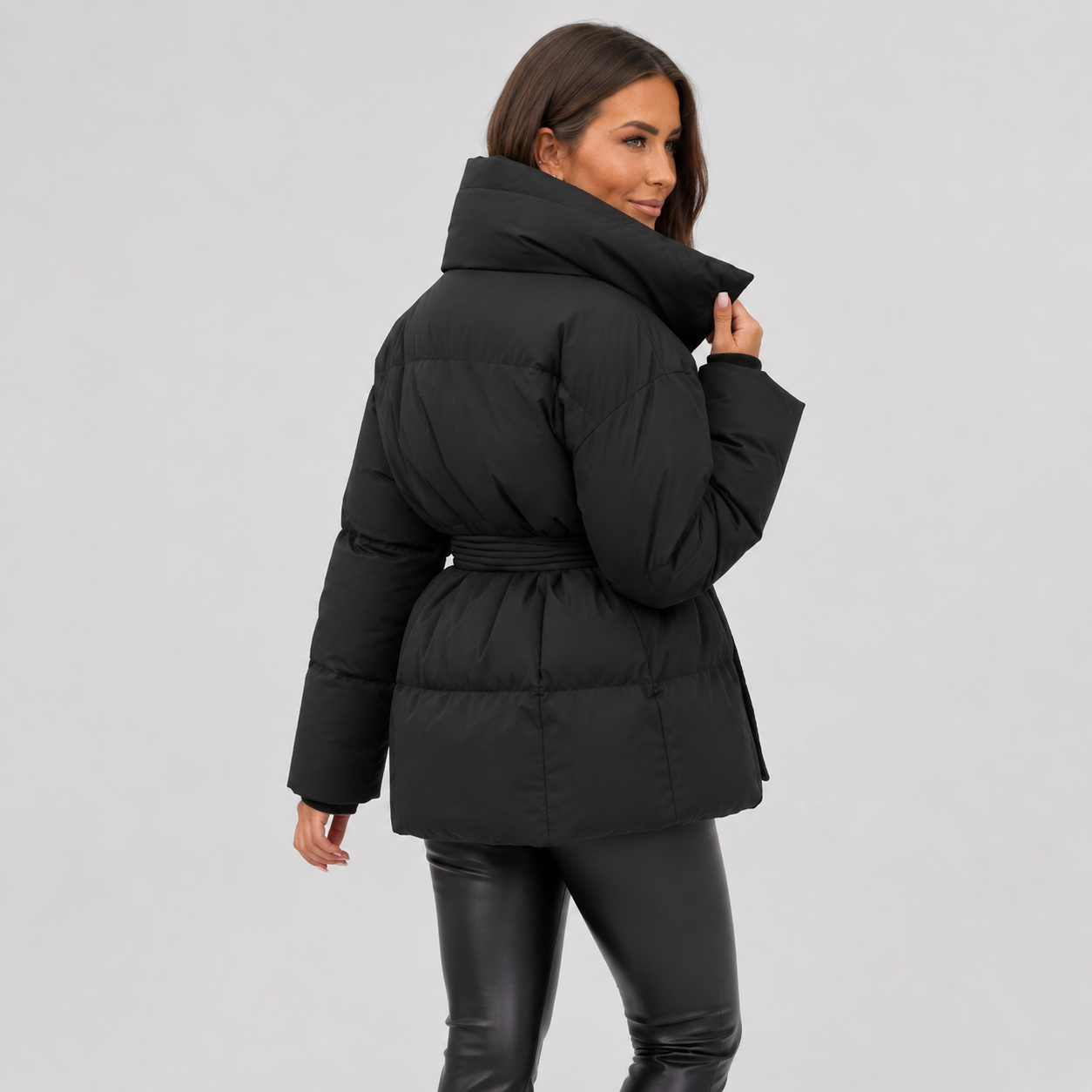 Women's Belted Puffer Coat - Stand Collar Winter Jacket