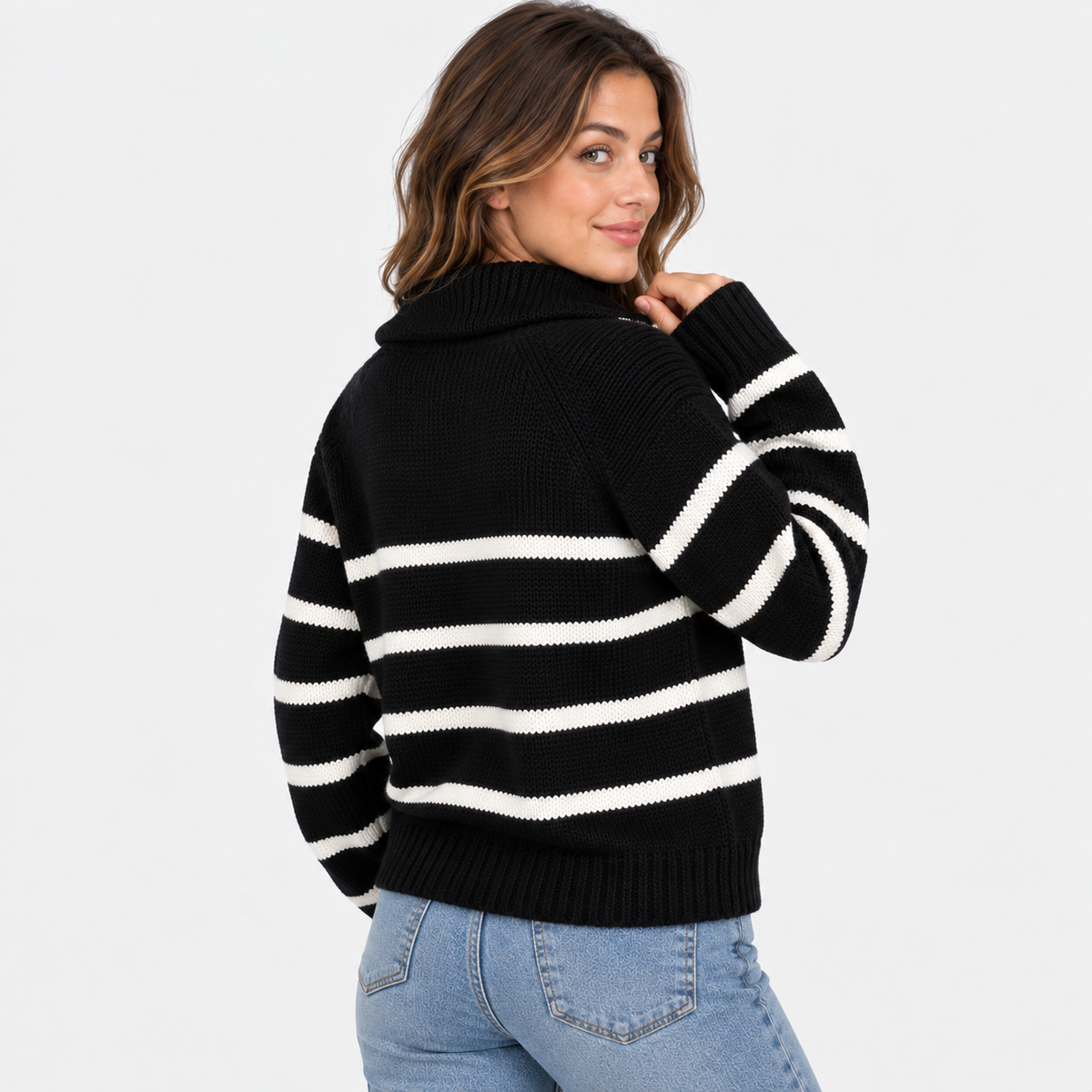 Montviro | Women's Half-Zip Sweater Striped High Neck Knit Pullover