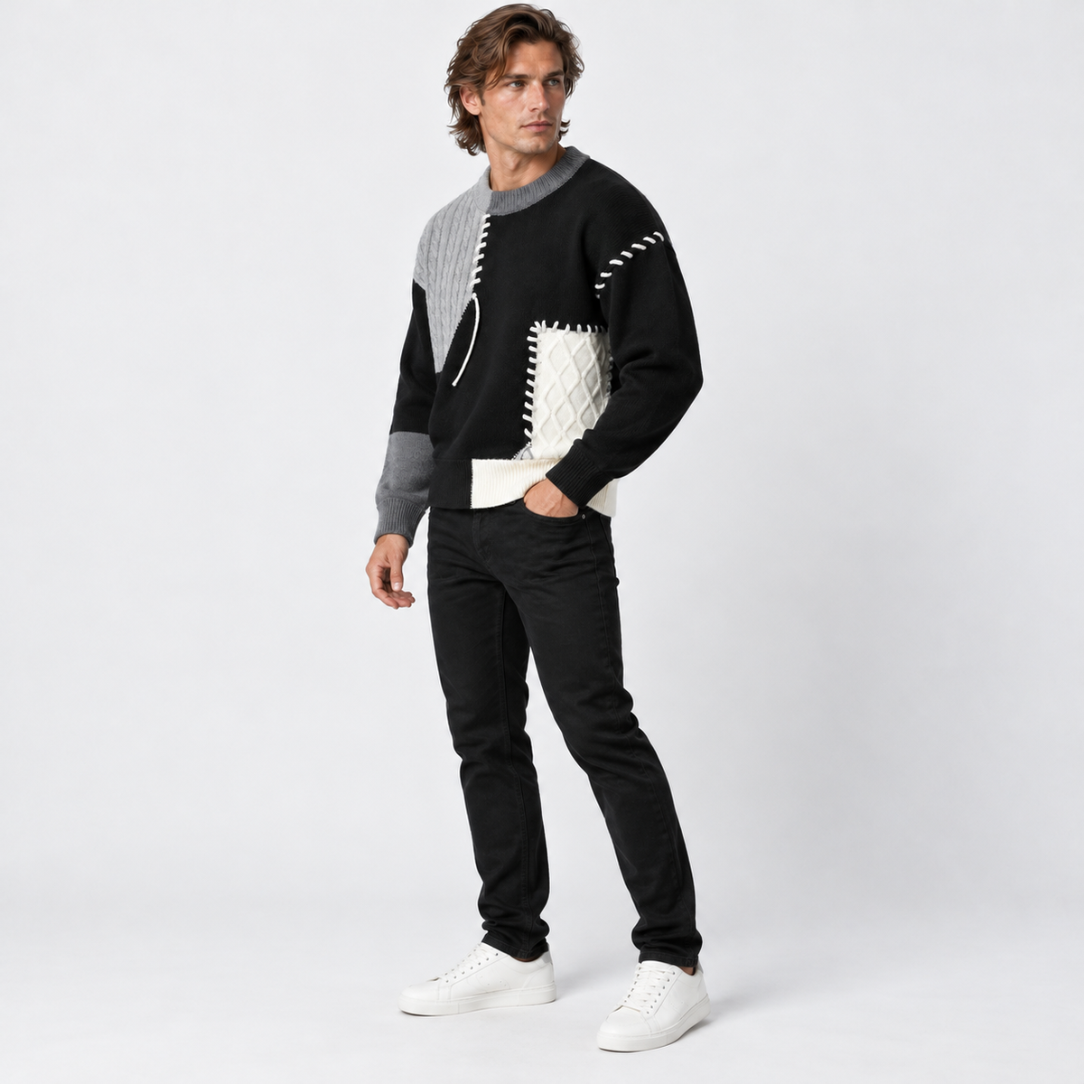 Montviro | Men's Color Block Sweater Knit Crew Neck Casual Winter Top