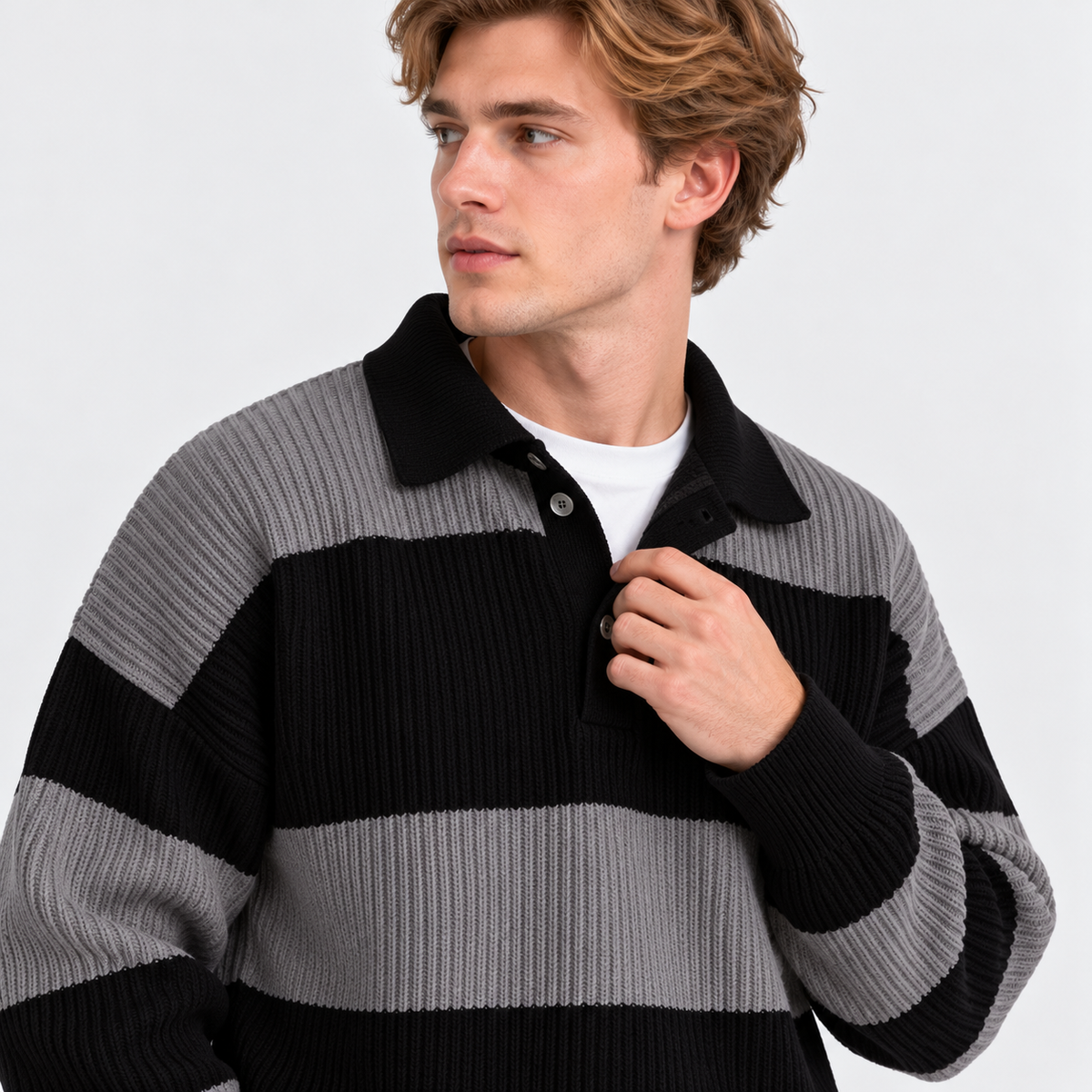 Montviro | Men's Striped Polo Sweater Knit Pullover Half Placket Top