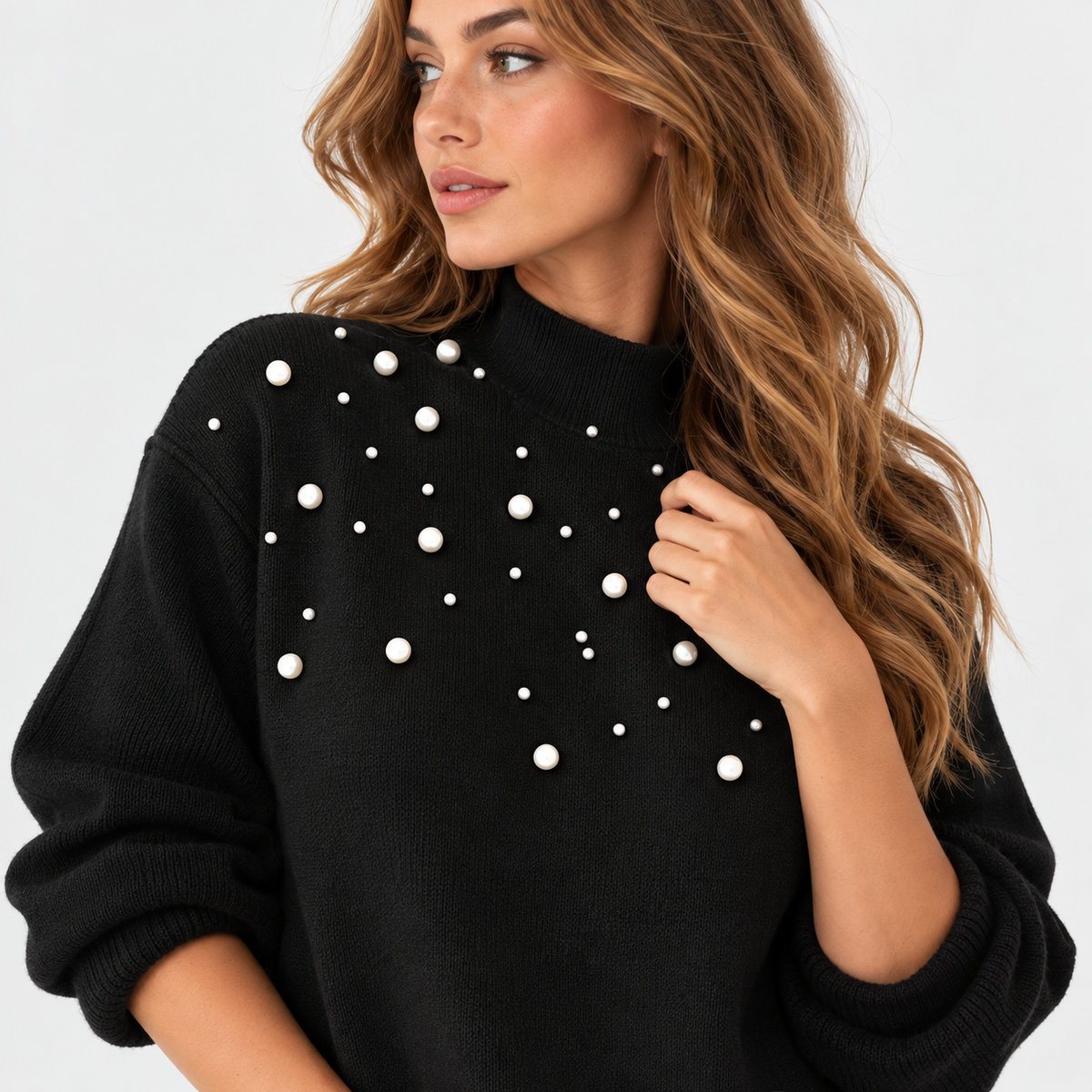 Montviro | Women's Pearl Beaded Pullover Sweater with High Neck