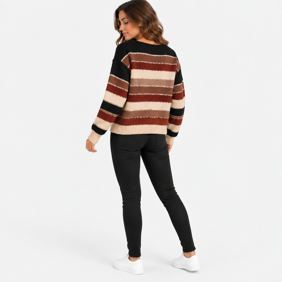 Montviro | Women’s Striped Sweater Vintage Knit Loose Fit Crew Neck Pullover