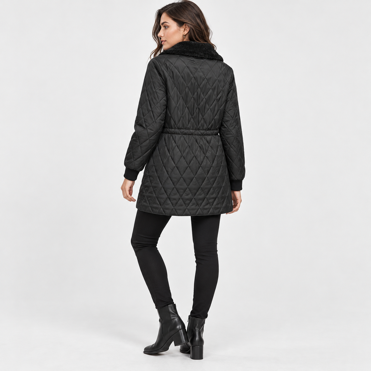 Montviro | Women’s Quilted Jacket Drawstring Waist Plush Collar Outerwear