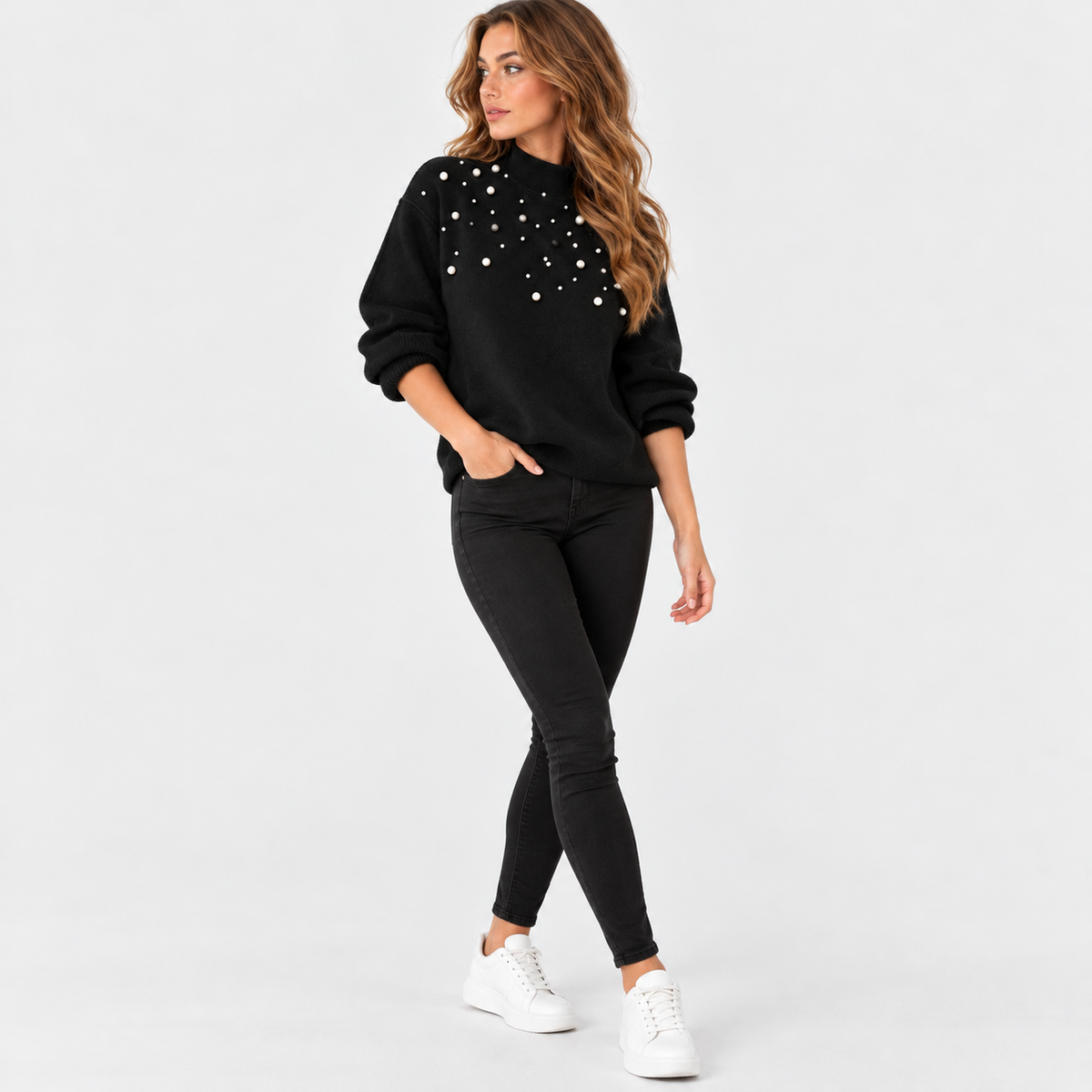Montviro | Women's Pearl Beaded Pullover Sweater with High Neck