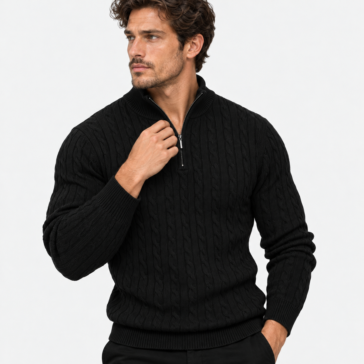 Montviro | Men’s Cable Knit Sweater Quarter Zip Stand Collar Pullover