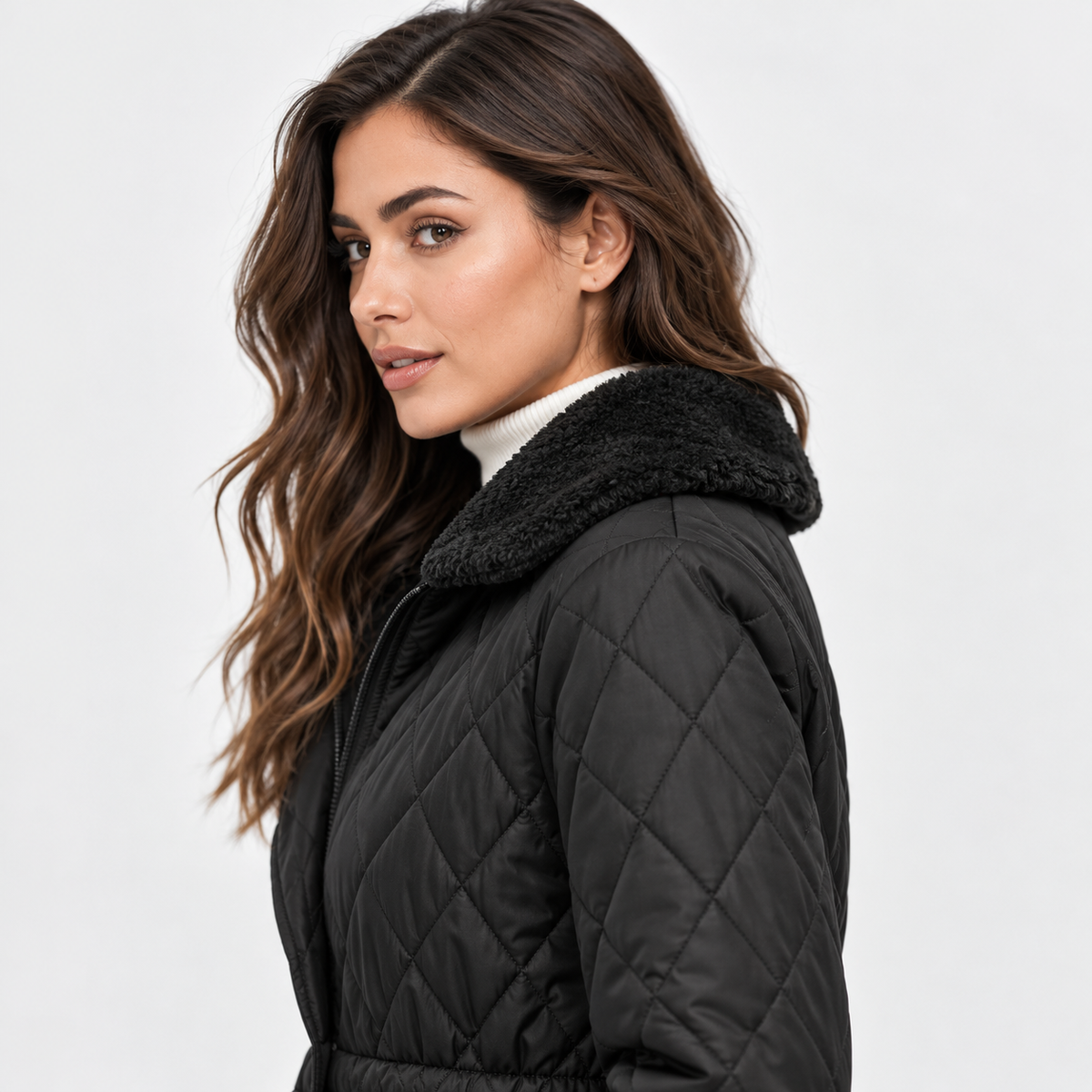 Montviro | Women’s Quilted Jacket Drawstring Waist Plush Collar Outerwear