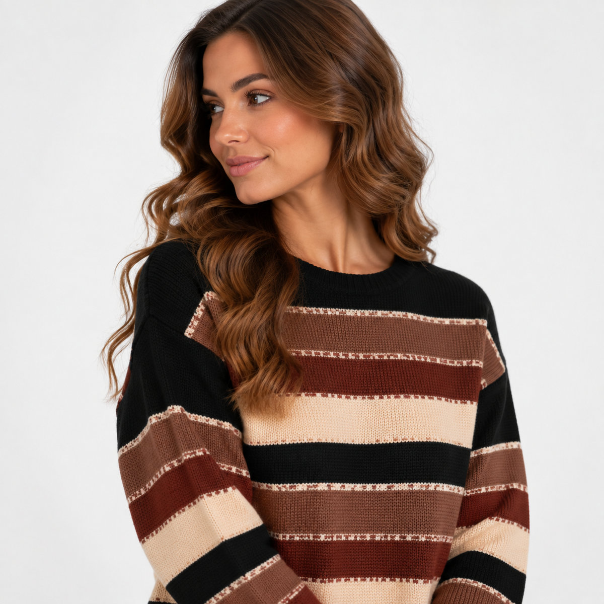 Montviro | Women’s Striped Sweater Vintage Knit Loose Fit Crew Neck Pullover