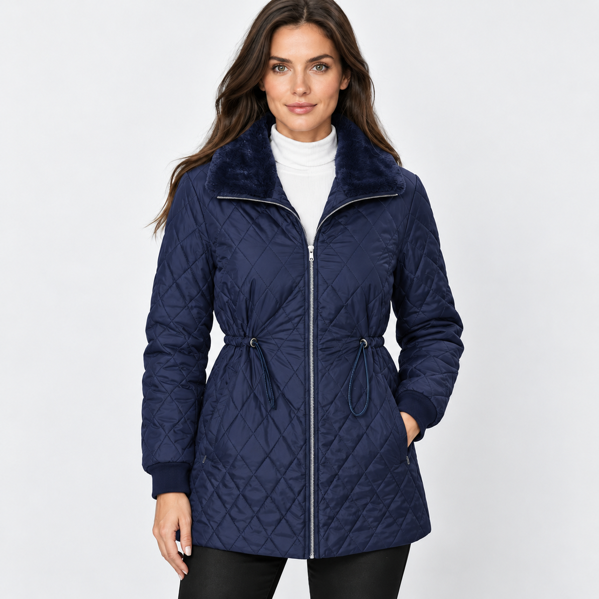Montviro | Women’s Quilted Jacket Drawstring Waist Plush Collar Outerwear