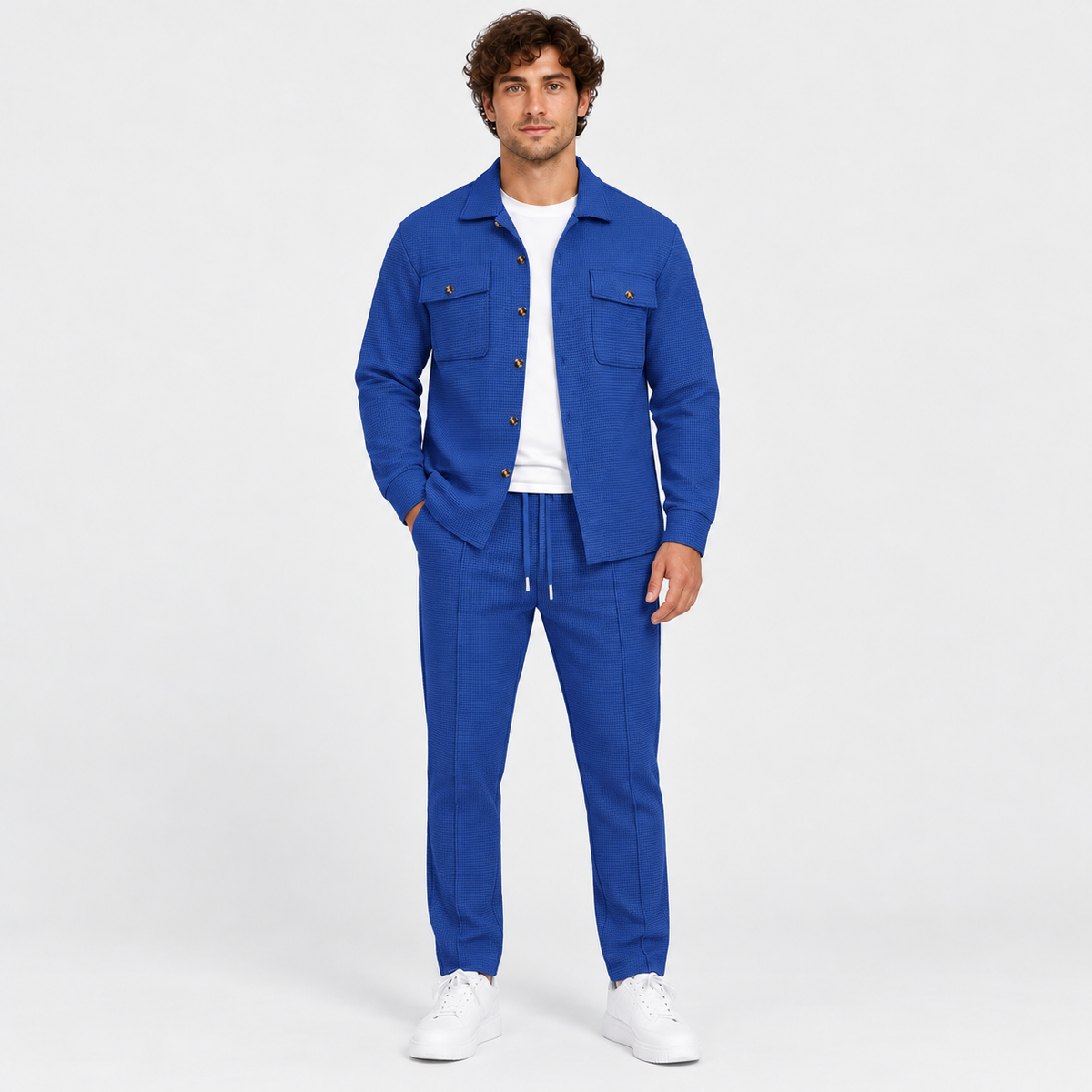Montviro | Men's Waffle Knit Cardigan Set Button Shirt Pants Casual Outfit