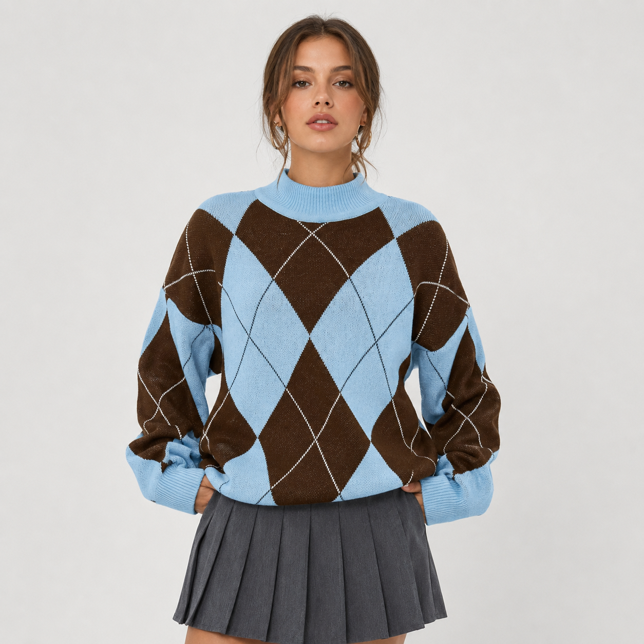 Montviro | Women's Argyle Sweater - High Neck Color Block Knit Pullover