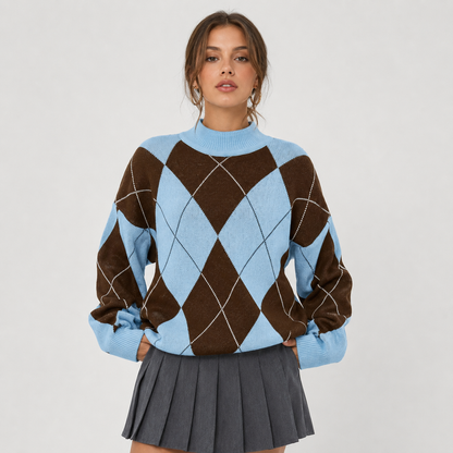 Montviro | Women's Argyle Sweater - High Neck Color Block Knit Pullover