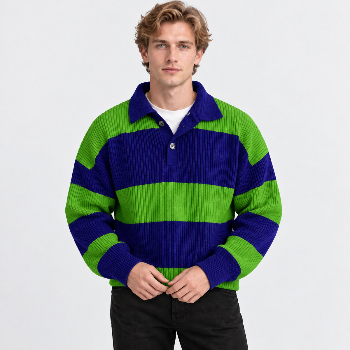Montviro | Men's Striped Polo Sweater Knit Pullover Half Placket Top