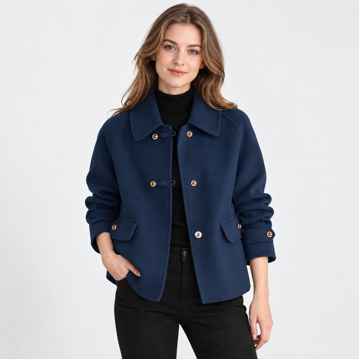 Montviro | Women's Tweed Pea Coat - Peter Pan Collar Pearl Buttons