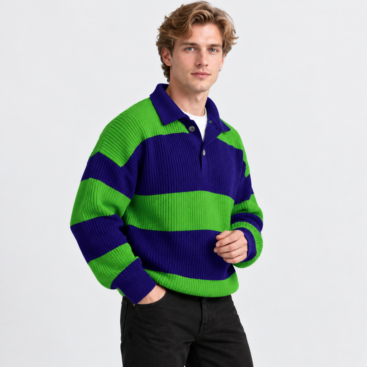 Montviro | Men's Striped Polo Sweater Knit Pullover Half Placket Top