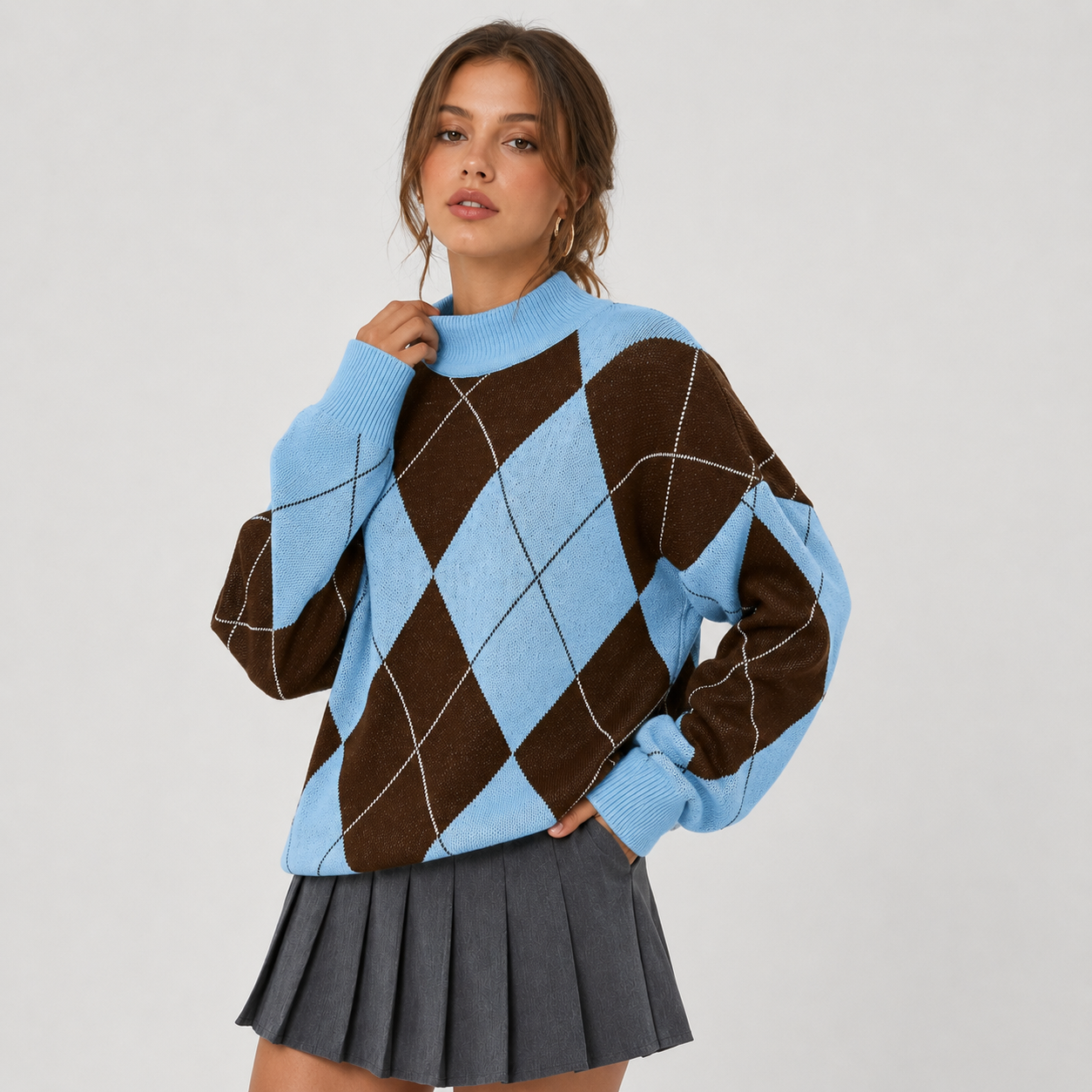 Montviro | Women's Argyle Sweater - High Neck Color Block Knit Pullover