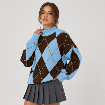 Montviro | Women's Argyle Sweater - High Neck Color Block Knit Pullover