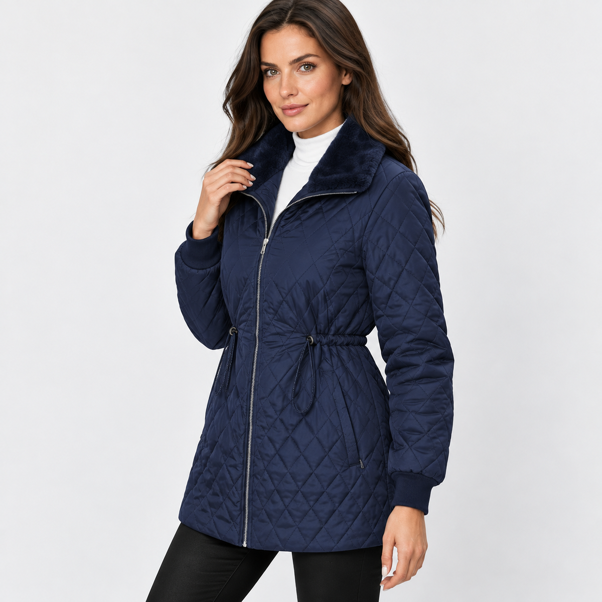 Montviro | Women’s Quilted Jacket Drawstring Waist Plush Collar Outerwear