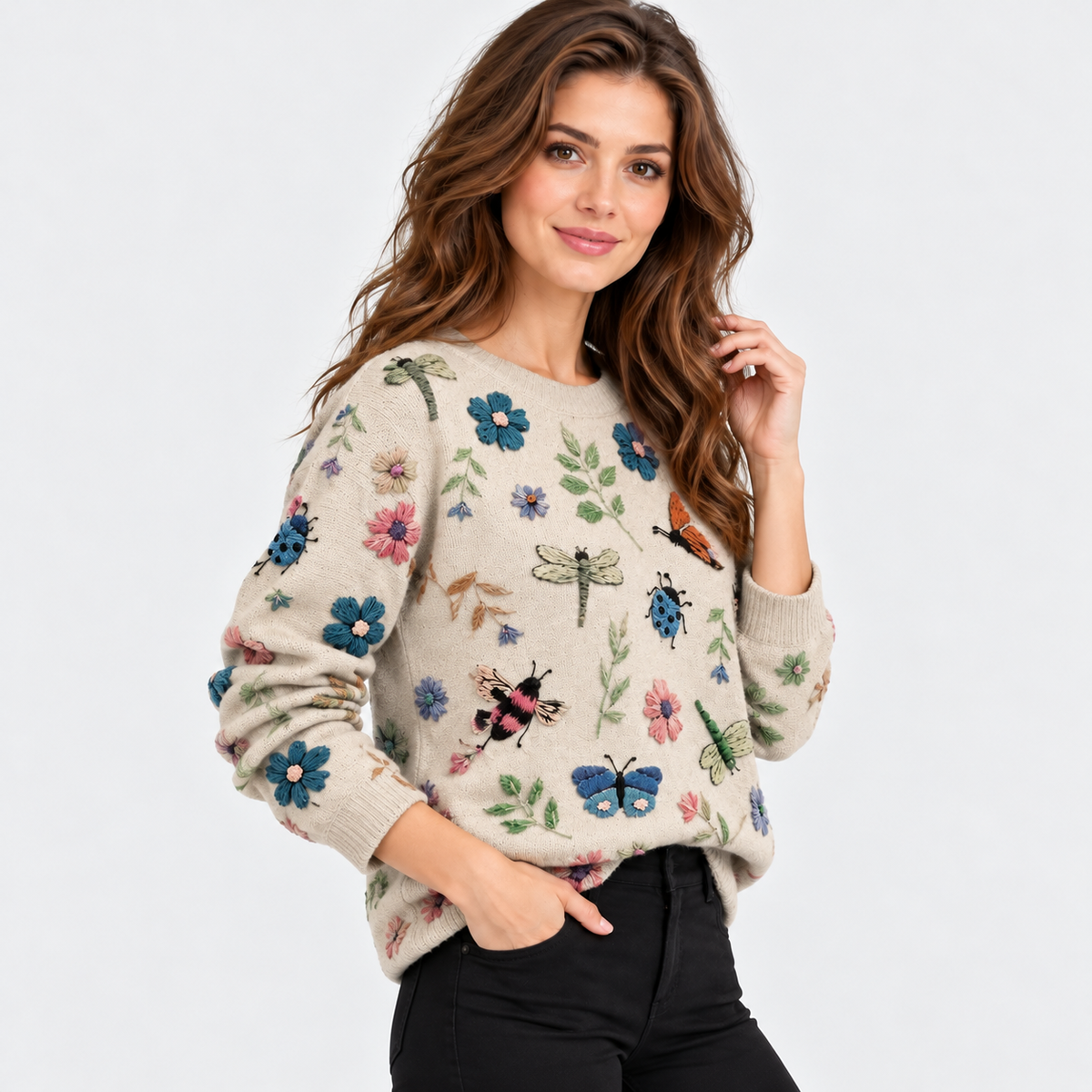 Montviro | Women's Floral Print Crew Neck Sweater with Long Sleeves