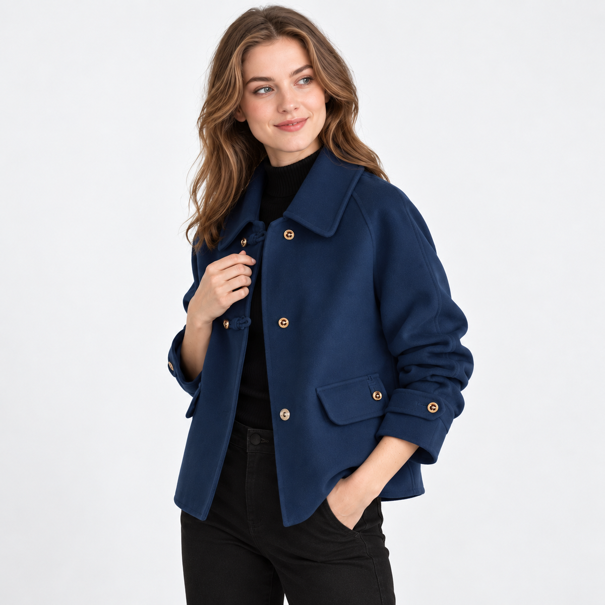 Montviro | Women's Tweed Pea Coat - Peter Pan Collar Pearl Buttons