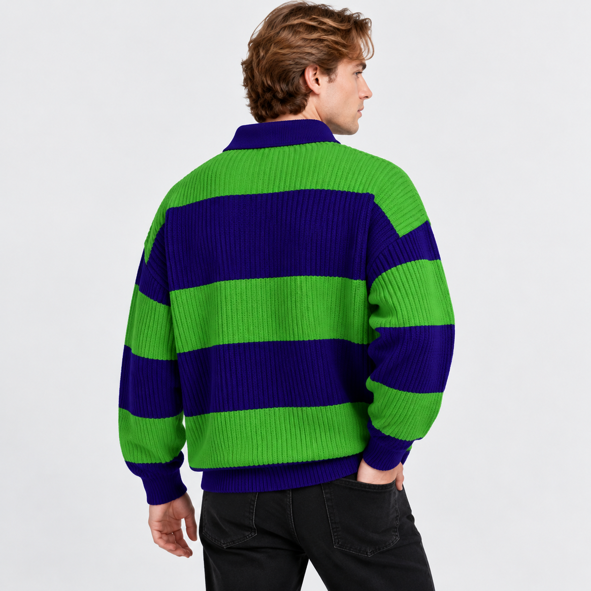 Montviro | Men's Striped Polo Sweater Knit Pullover Half Placket Top