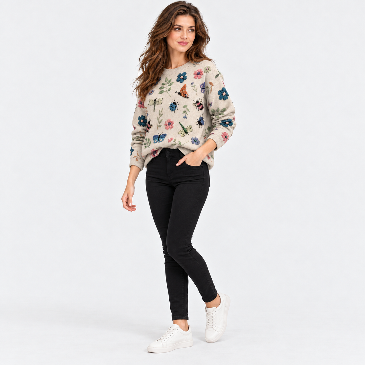 Montviro | Women's Floral Print Crew Neck Sweater with Long Sleeves