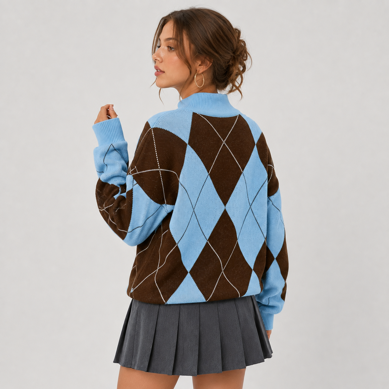 Montviro | Women's Argyle Sweater - High Neck Color Block Knit Pullover