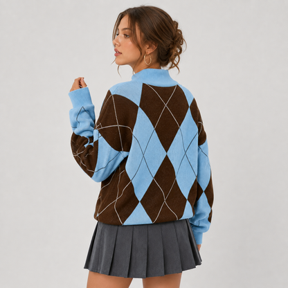 Montviro | Women's Argyle Sweater - High Neck Color Block Knit Pullover