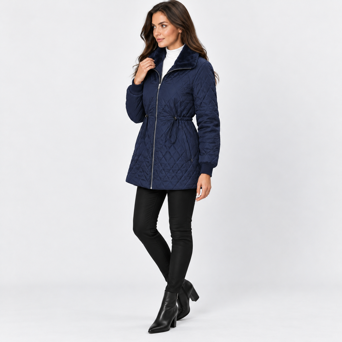 Montviro | Women’s Quilted Jacket Drawstring Waist Plush Collar Outerwear