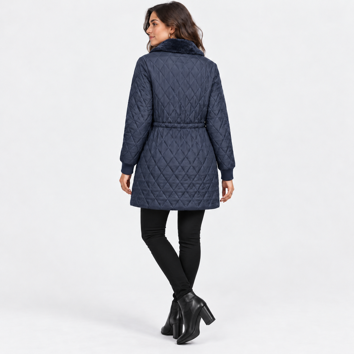Montviro | Women’s Quilted Jacket Drawstring Waist Plush Collar Outerwear