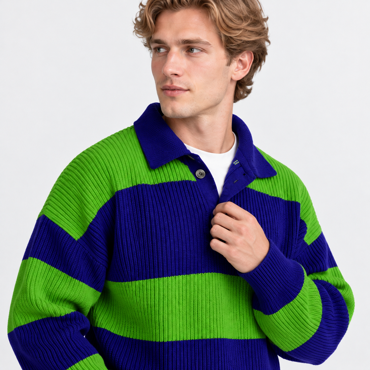 Montviro | Men's Striped Polo Sweater Knit Pullover Half Placket Top
