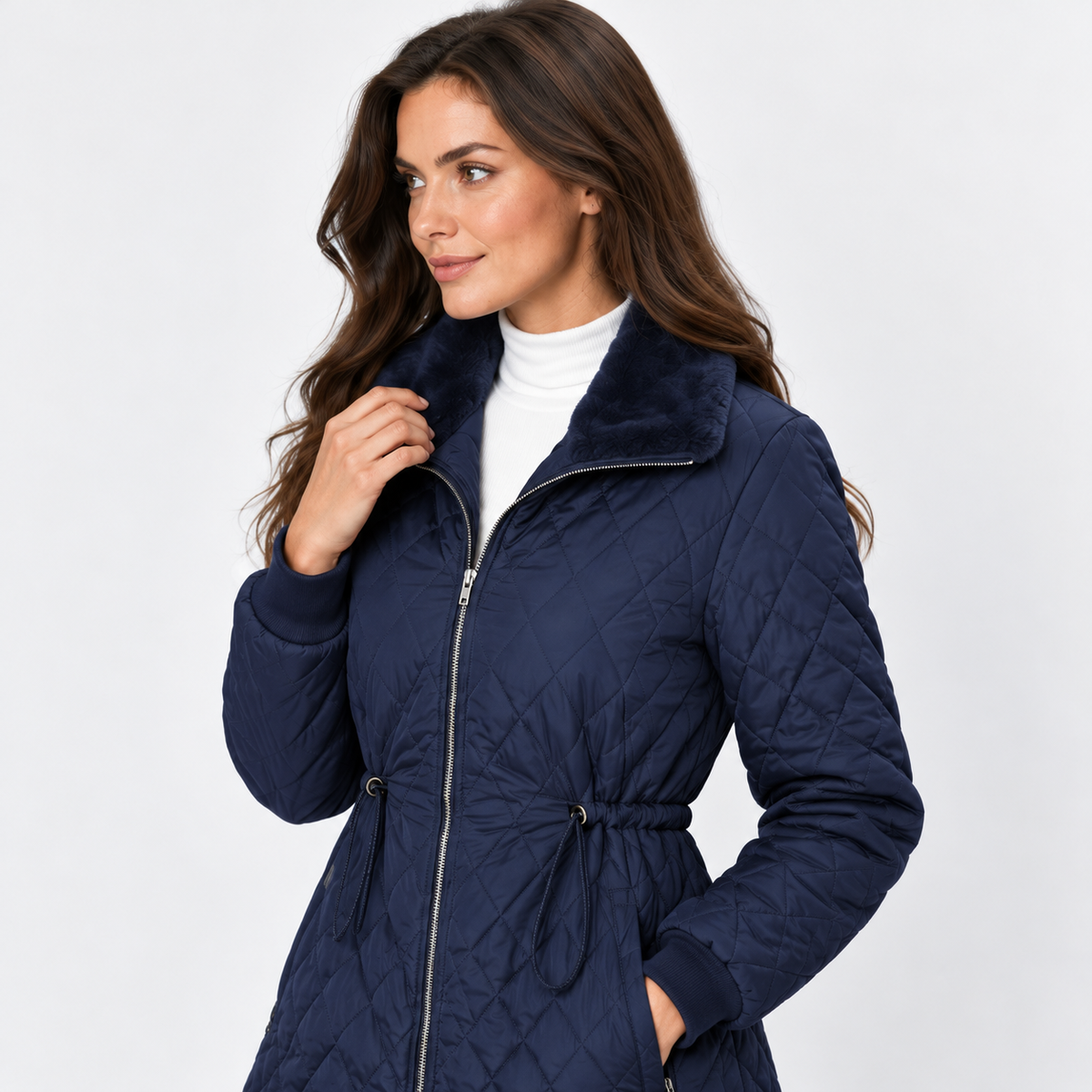 Montviro | Women’s Quilted Jacket Drawstring Waist Plush Collar Outerwear