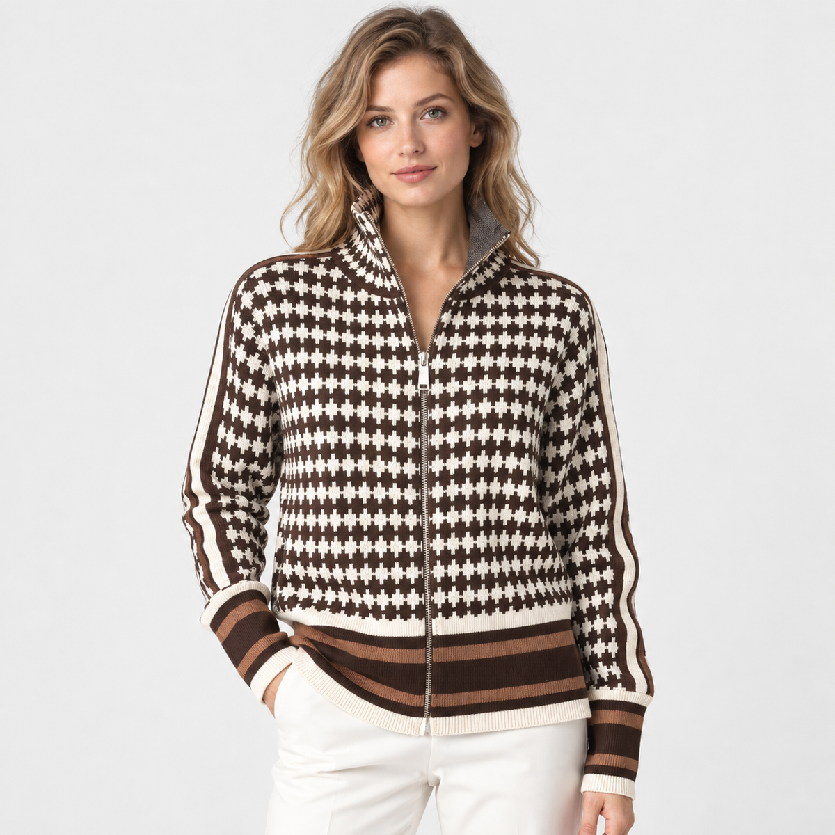 Montviro | Women's Plaid Cardigan Zip-Up High Neck Knit Sweater