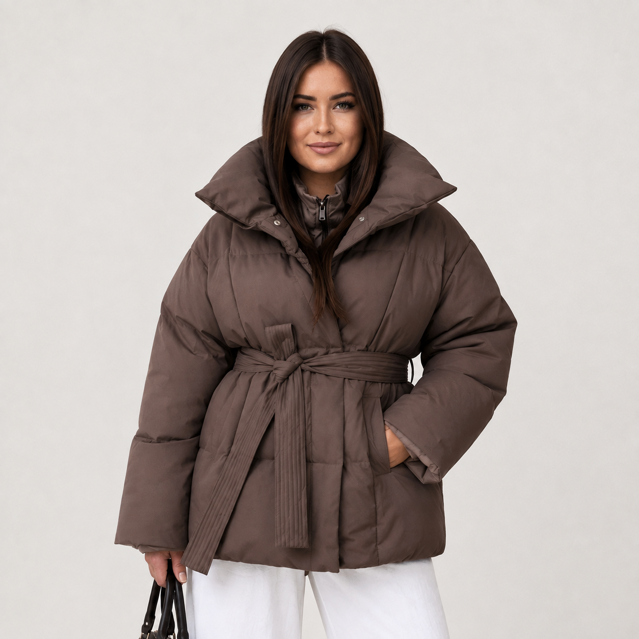 Women's Belted Puffer Coat - Stand Collar Winter Jacket
