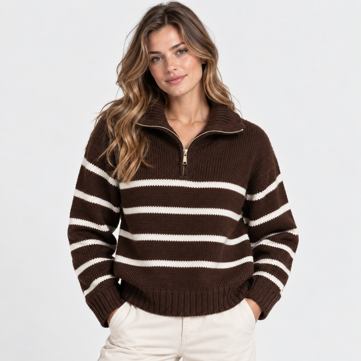 Montviro | Women's Half-Zip Sweater Striped High Neck Knit Pullover