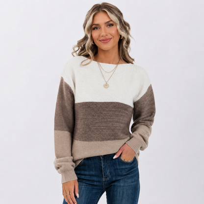 Montviro | Women's Off-Shoulder Sweater - Color Block Knit Pullover