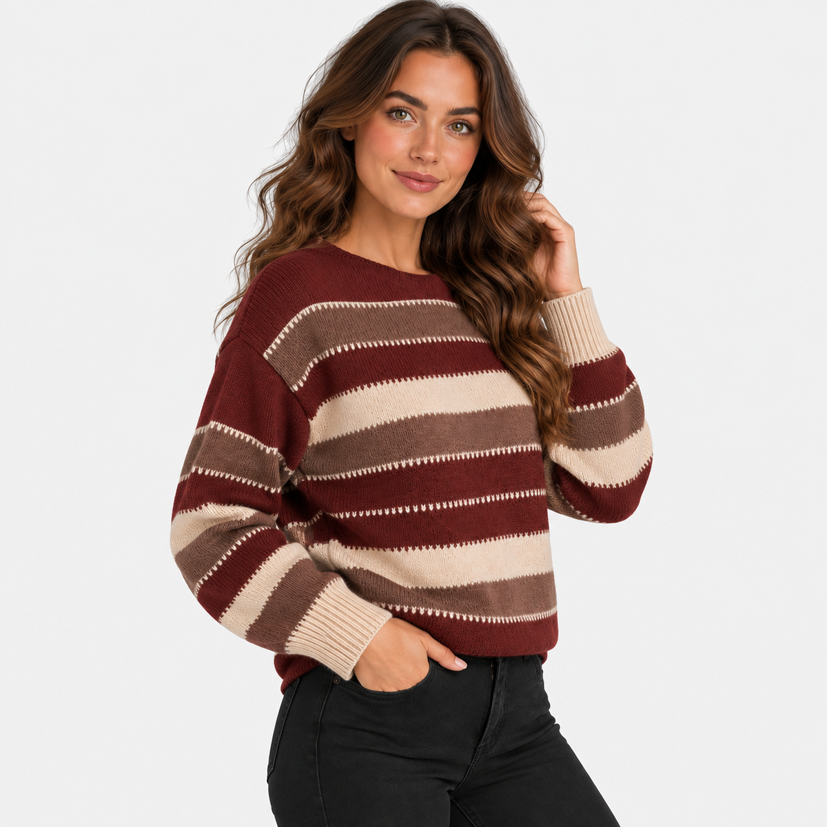 Montviro | Women’s Striped Sweater Vintage Knit Loose Fit Crew Neck Pullover