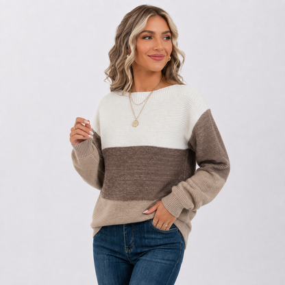 Montviro | Women's Off-Shoulder Sweater - Color Block Knit Pullover