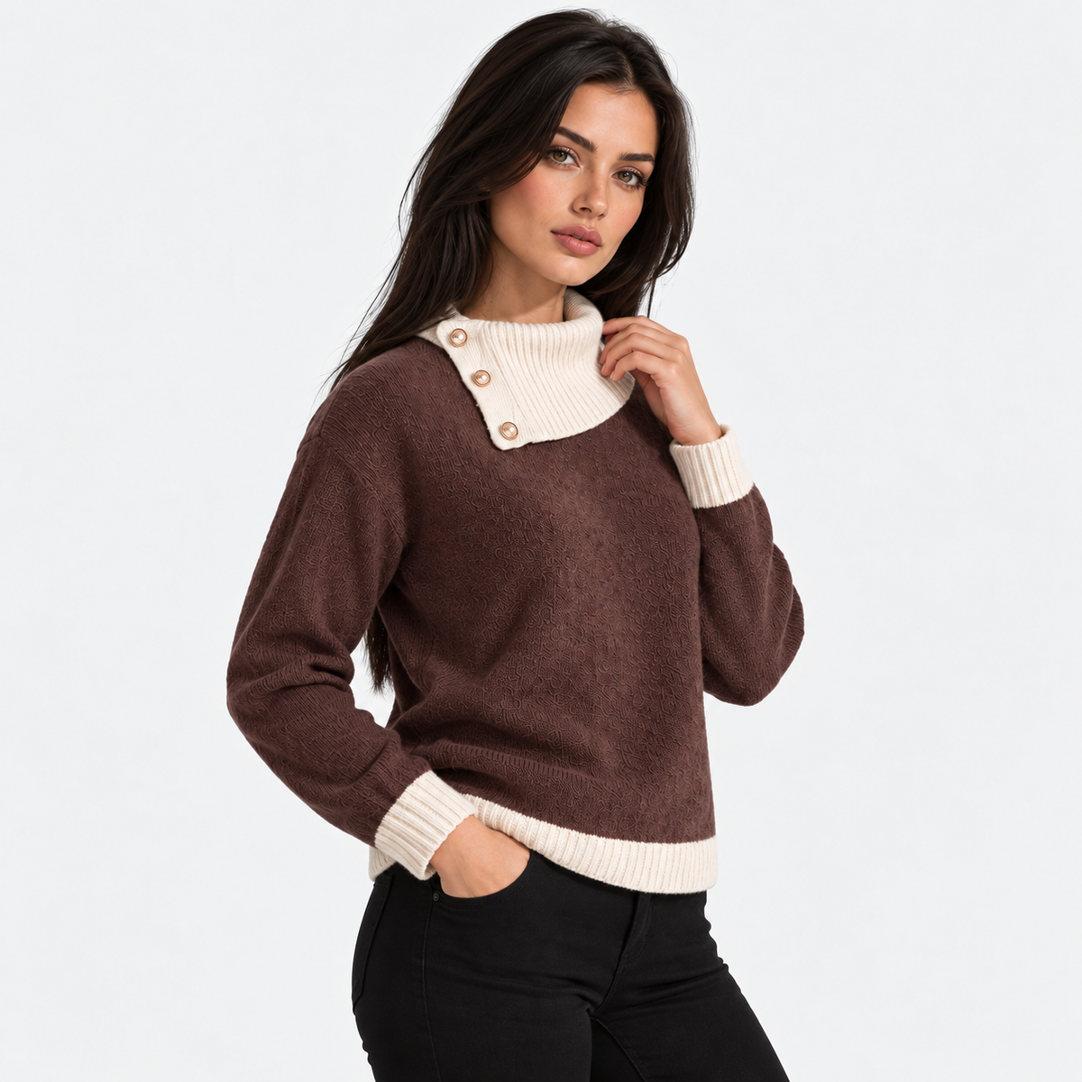Montviro | Women's Asymmetric Neck Knit Sweater with Side Buttons
