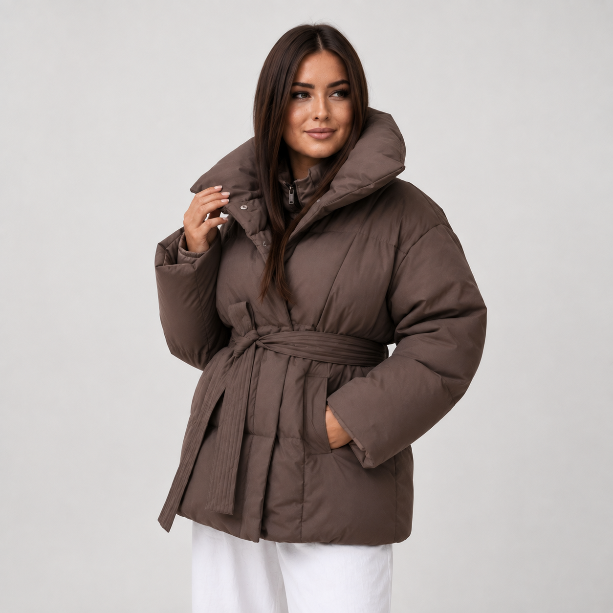 Women's Belted Puffer Coat - Stand Collar Winter Jacket