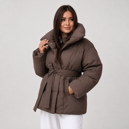 Women's Belted Puffer Coat - Stand Collar Winter Jacket