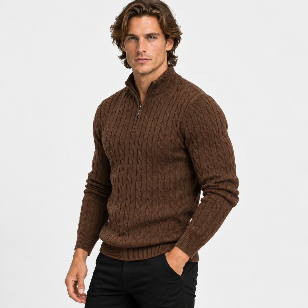 Montviro | Men’s Cable Knit Sweater Quarter Zip Stand Collar Pullover