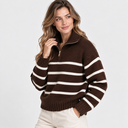 Montviro | Women's Half-Zip Sweater Striped High Neck Knit Pullover