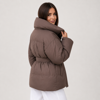 Women's Belted Puffer Coat - Stand Collar Winter Jacket