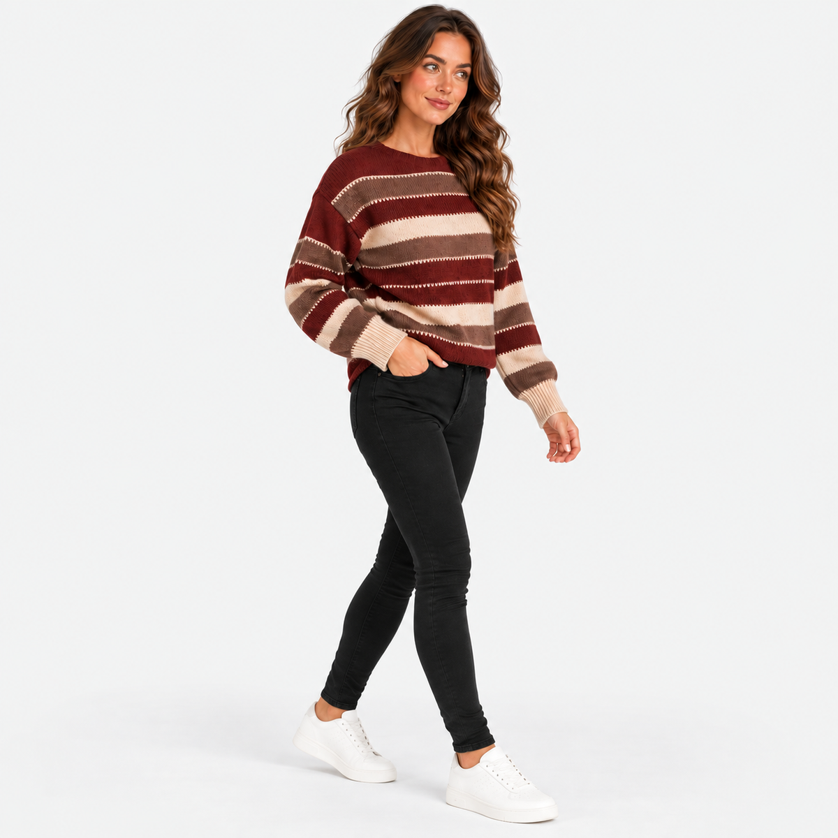Montviro | Women’s Striped Sweater Vintage Knit Loose Fit Crew Neck Pullover