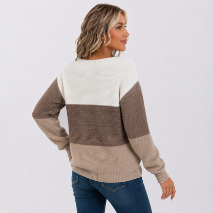 Montviro | Women's Off-Shoulder Sweater - Color Block Knit Pullover