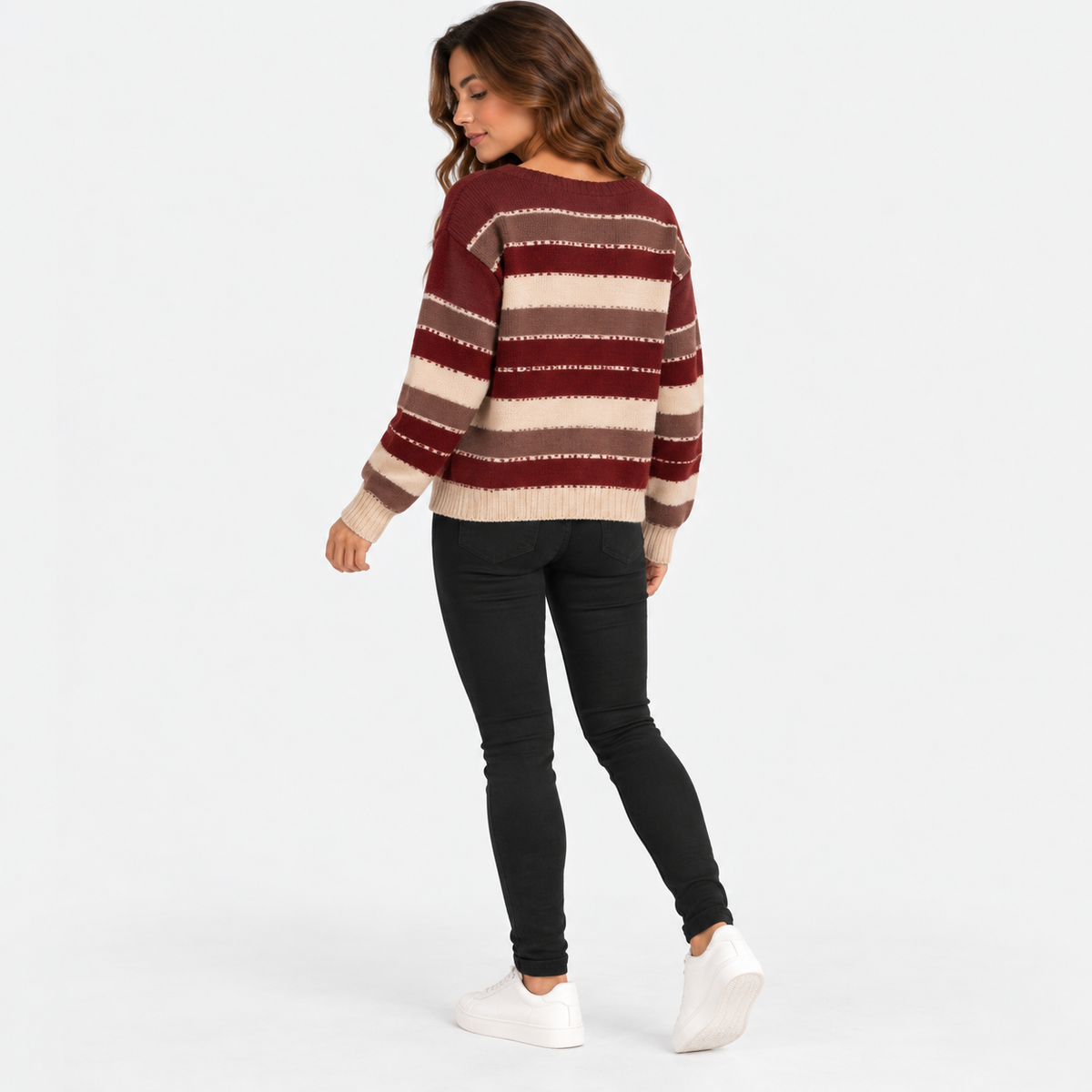Montviro | Women’s Striped Sweater Vintage Knit Loose Fit Crew Neck Pullover