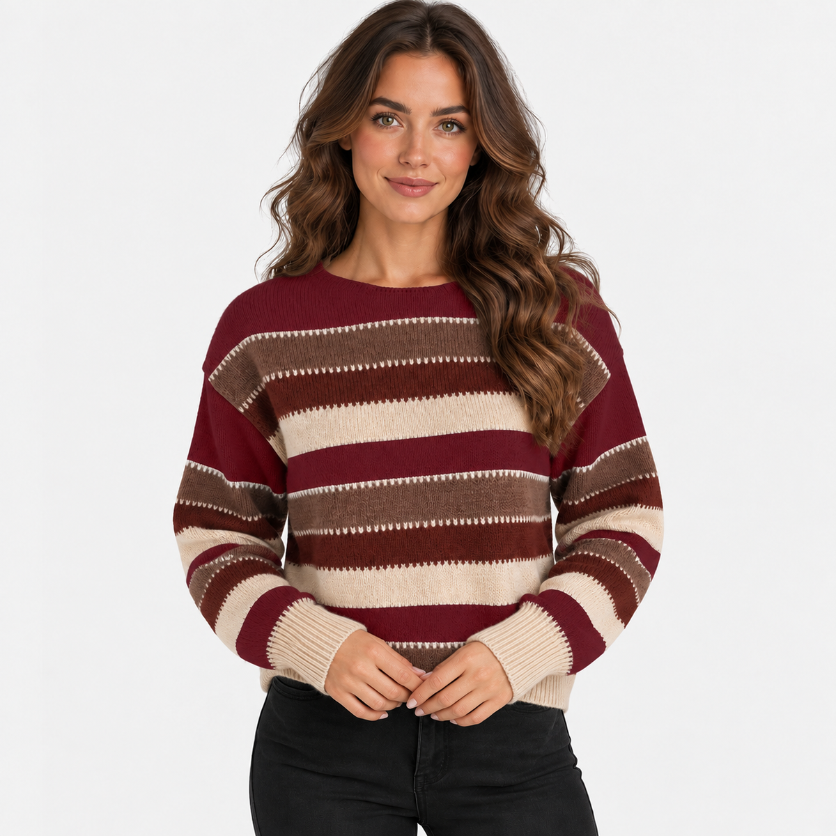 Montviro | Women’s Striped Sweater Vintage Knit Loose Fit Crew Neck Pullover