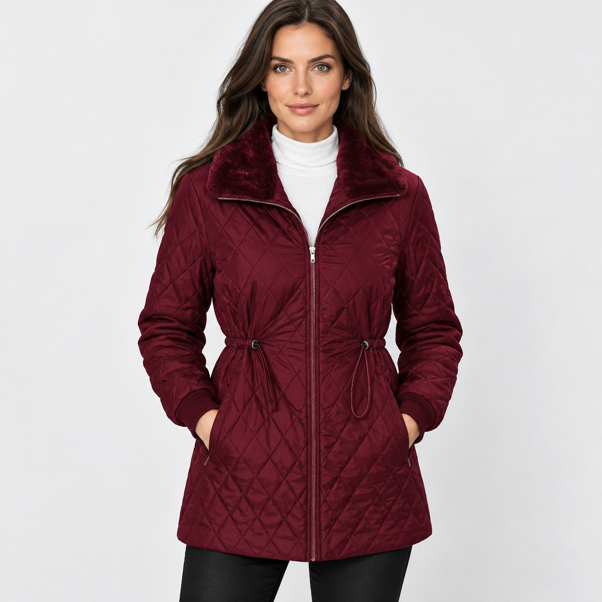Montviro | Women’s Quilted Jacket Drawstring Waist Plush Collar Outerwear